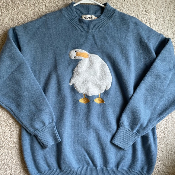 Aelfric Eden Sweaters - Aelfric Eden “How Are You” Light Blue Duck Embroidered Knit Sweater Oversized